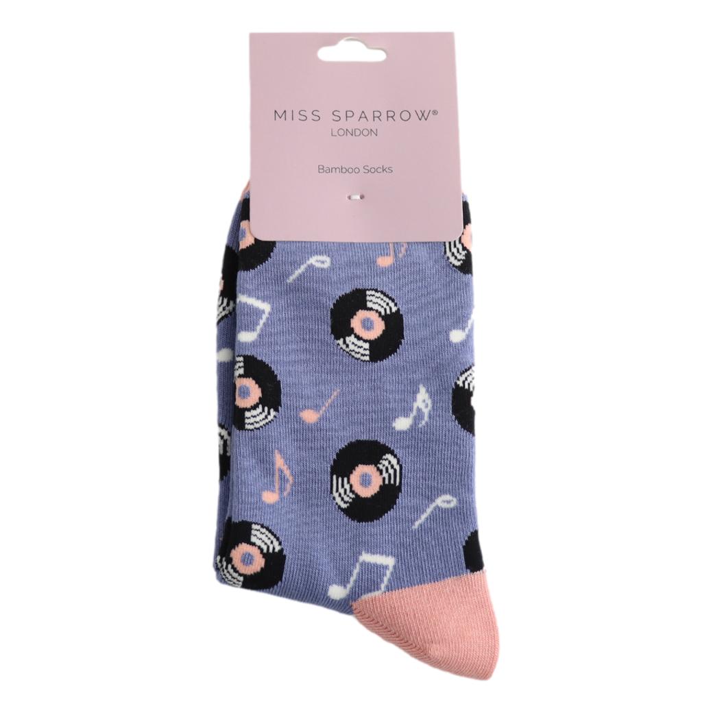 Vinyl Music Discs on Denim Blue Womens Novelty Ankle Socks Adult One Size image 1