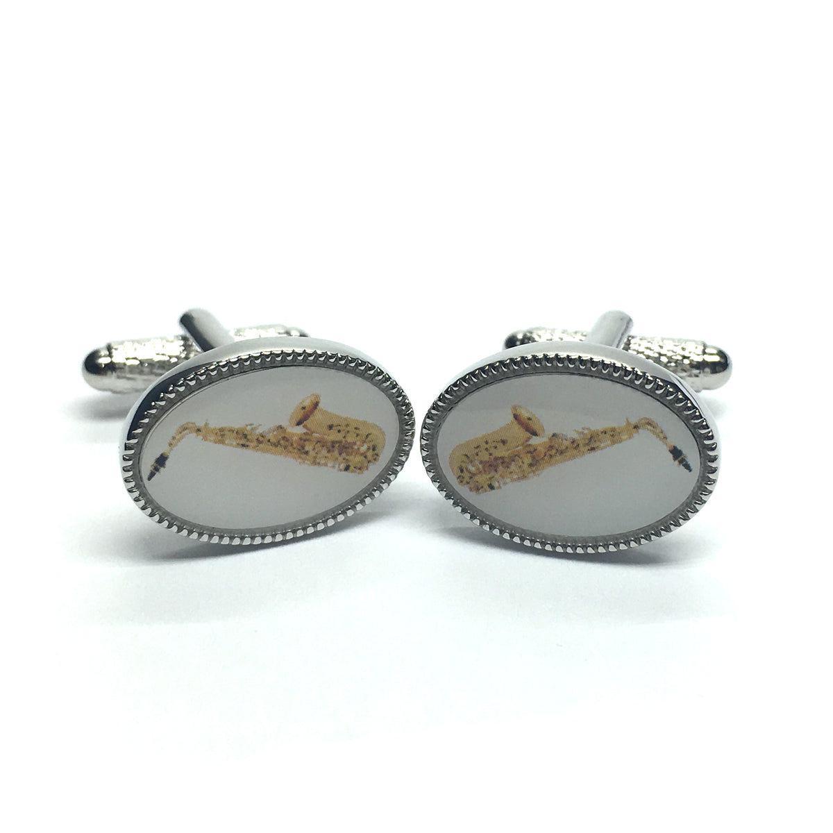 Enamelled Saxophone oval silver-plated torpedo cufflinks in padded gift box image 0