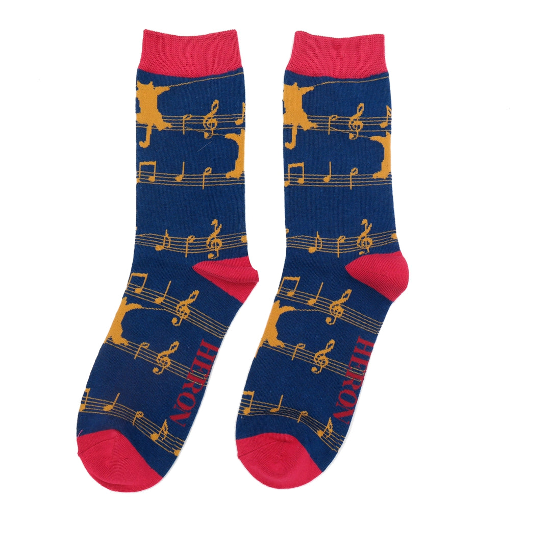 Kitty Cat Music Stave on Navy Blue Mens Novelty Ankle Socks Adult One Size image 1