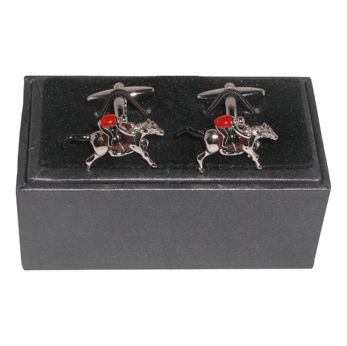 Horse and Jockey style silver-plated torpedo cufflinks in padded gift box image 0