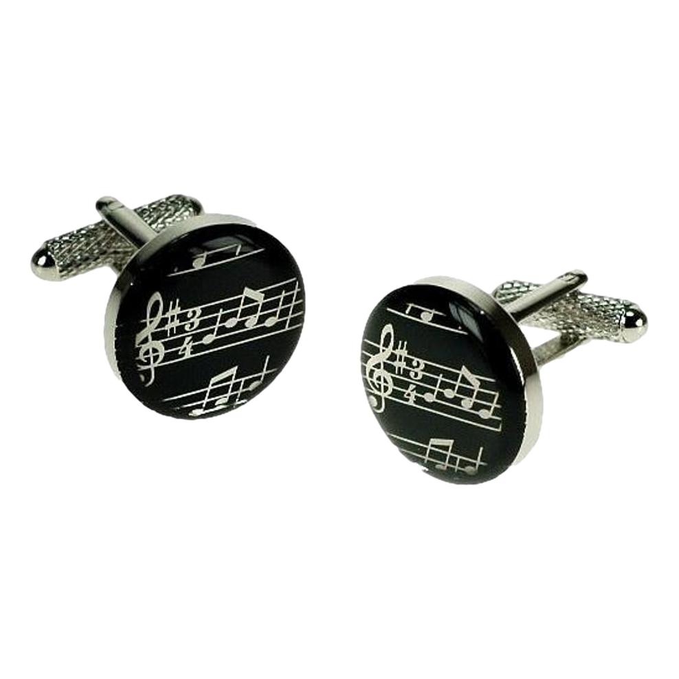 Black Encapsulated Round Music Stave silver-plated torpedo cufflinks in padded gift box image 2