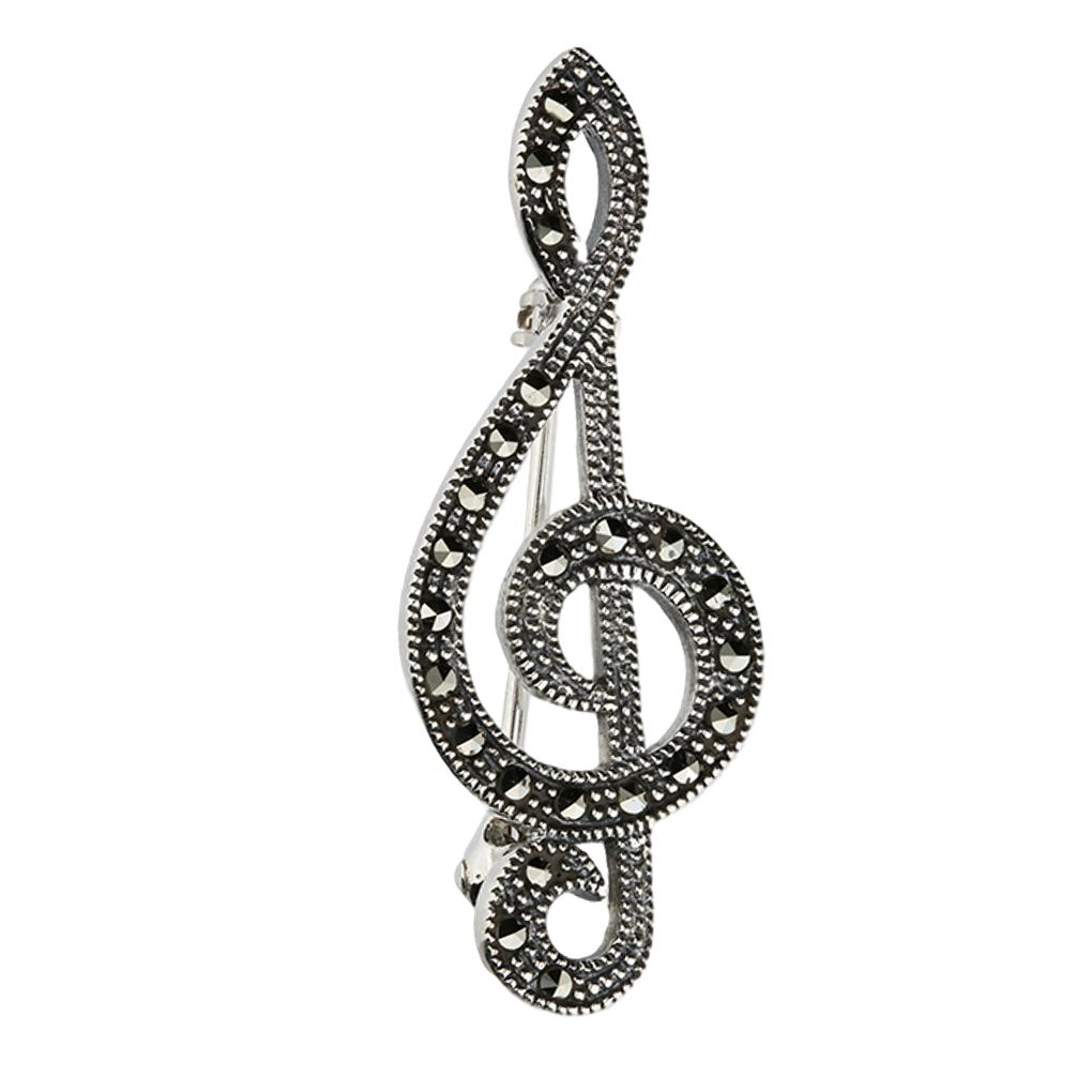 Treble Clef sterling silver marcasite crystal pin brooch image 0