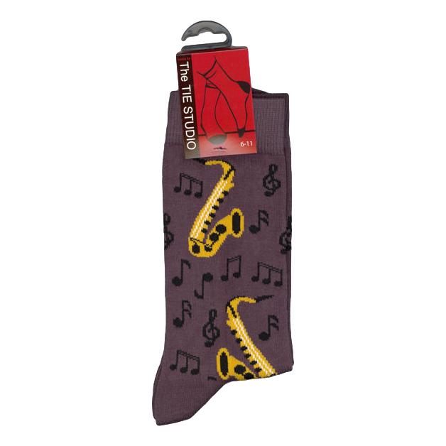 Saxophones on Brown/Grey Unisex Novelty Ankle Socks Adult Size 6-11 image 1