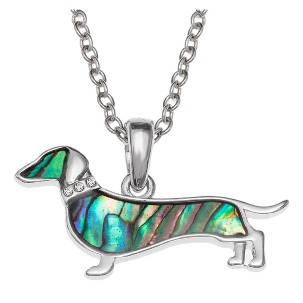 Dachshund Paua shell rhodium-plated pendant and earrings set image 3