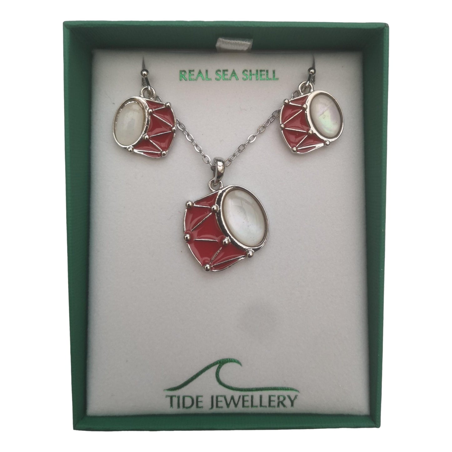 Red Drum Mother of Pearl shell rhodium-plated pendant and earrings set image 2