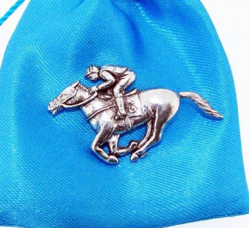Racing Horse and Jockey polished pewter metal lapel pin image 1