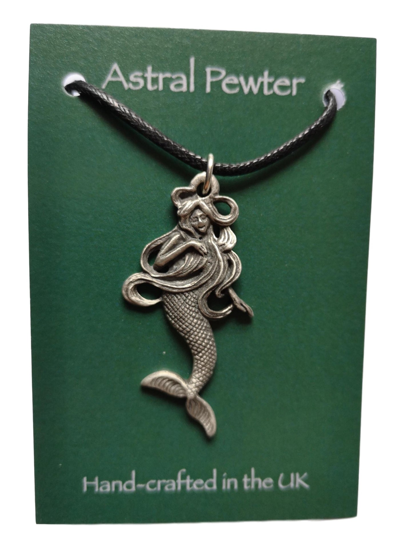 Mermaid pewter metal black cord pendant image 1