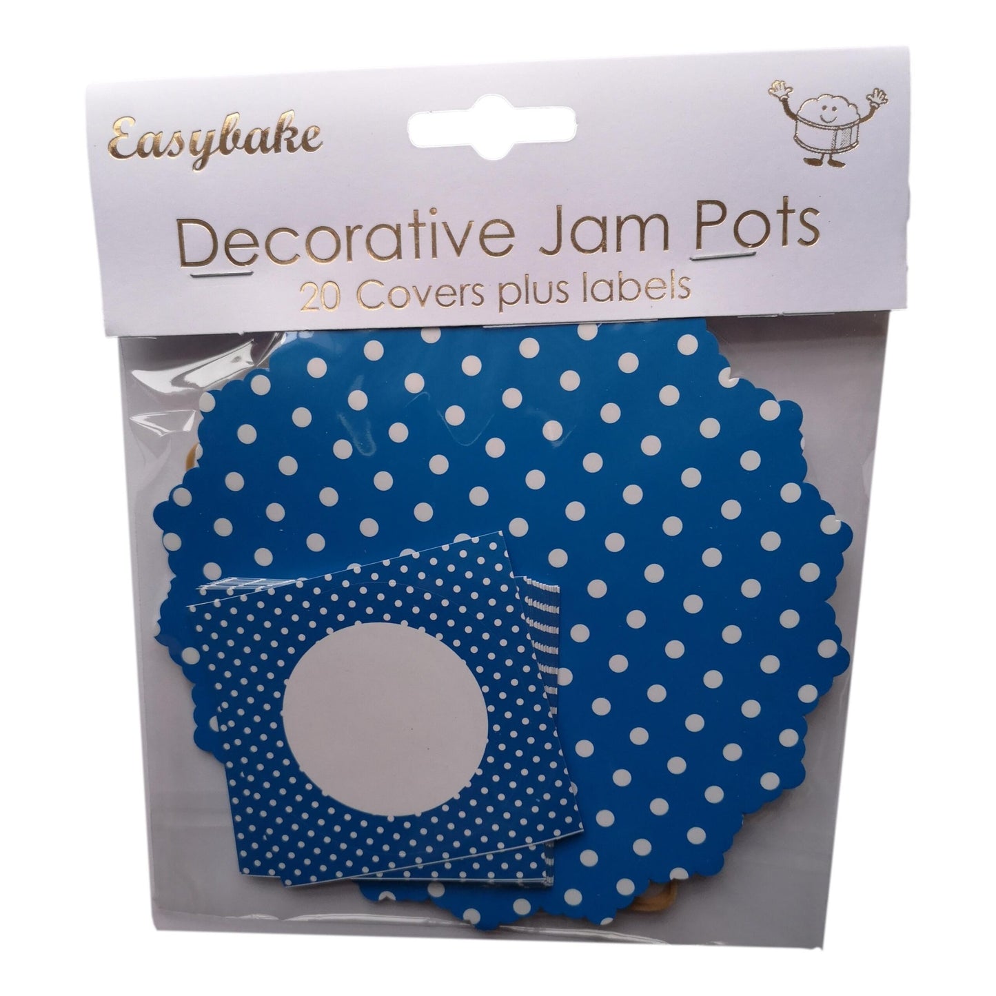 20 White Polka Dots on Blue Jam Pot Covers, Wax Discs, Rubber Bands and Self-Adhesive Labels image 0