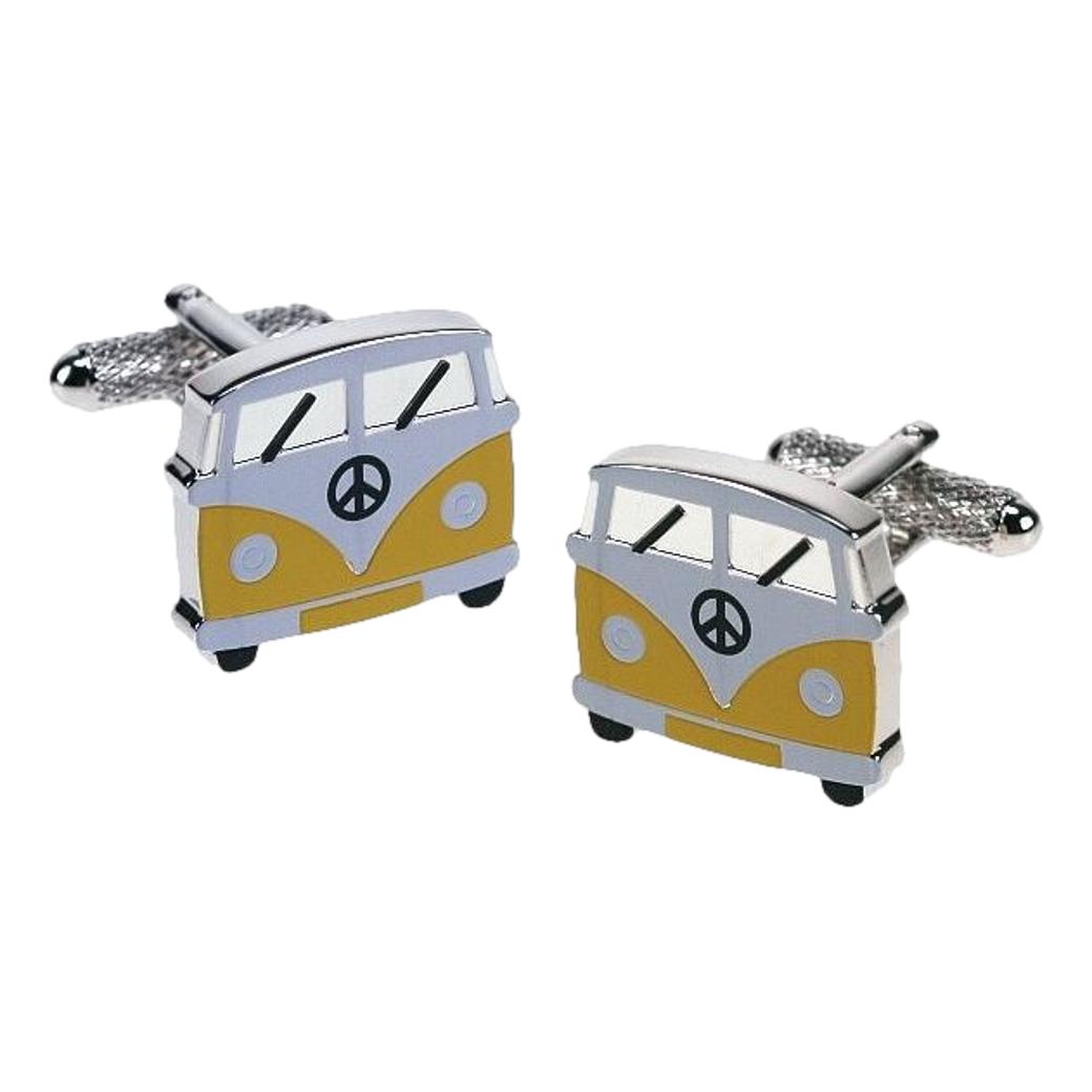 Yellow Camper Van silver-plated torpedo cufflinks in padded gift box image 0