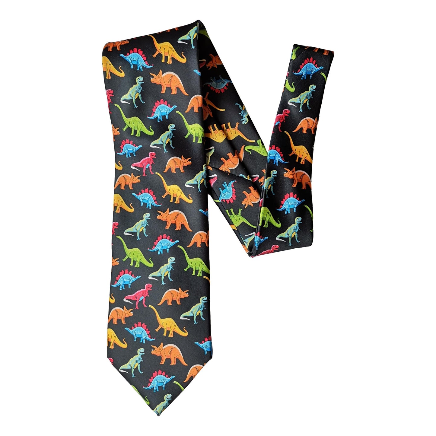 Coloured Dinosaurs on black Polyester Tie sleeved with hook image 0