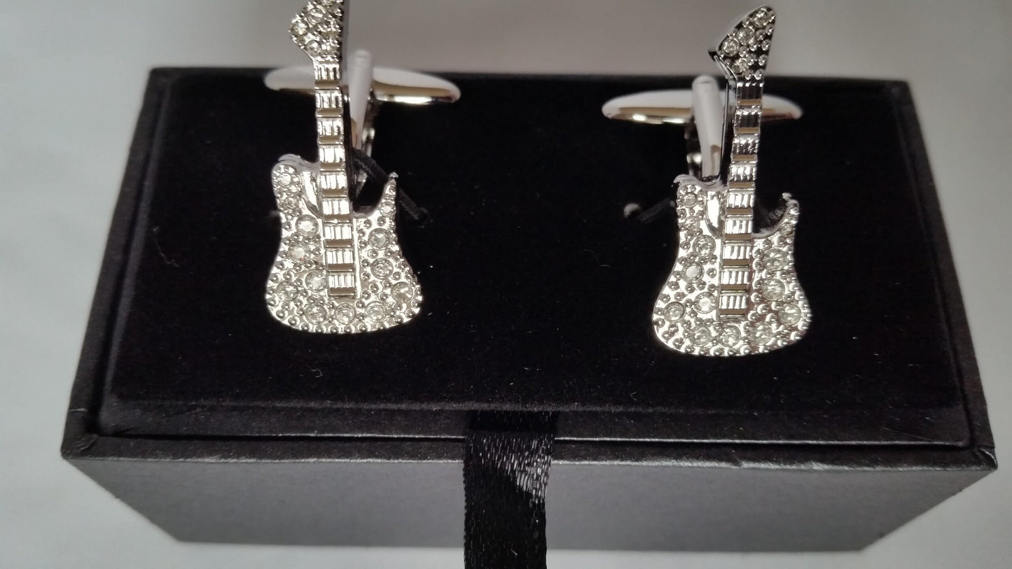 Diamante Electric Guitar silver-plated torpedo cufflinks in padded gift box image 1