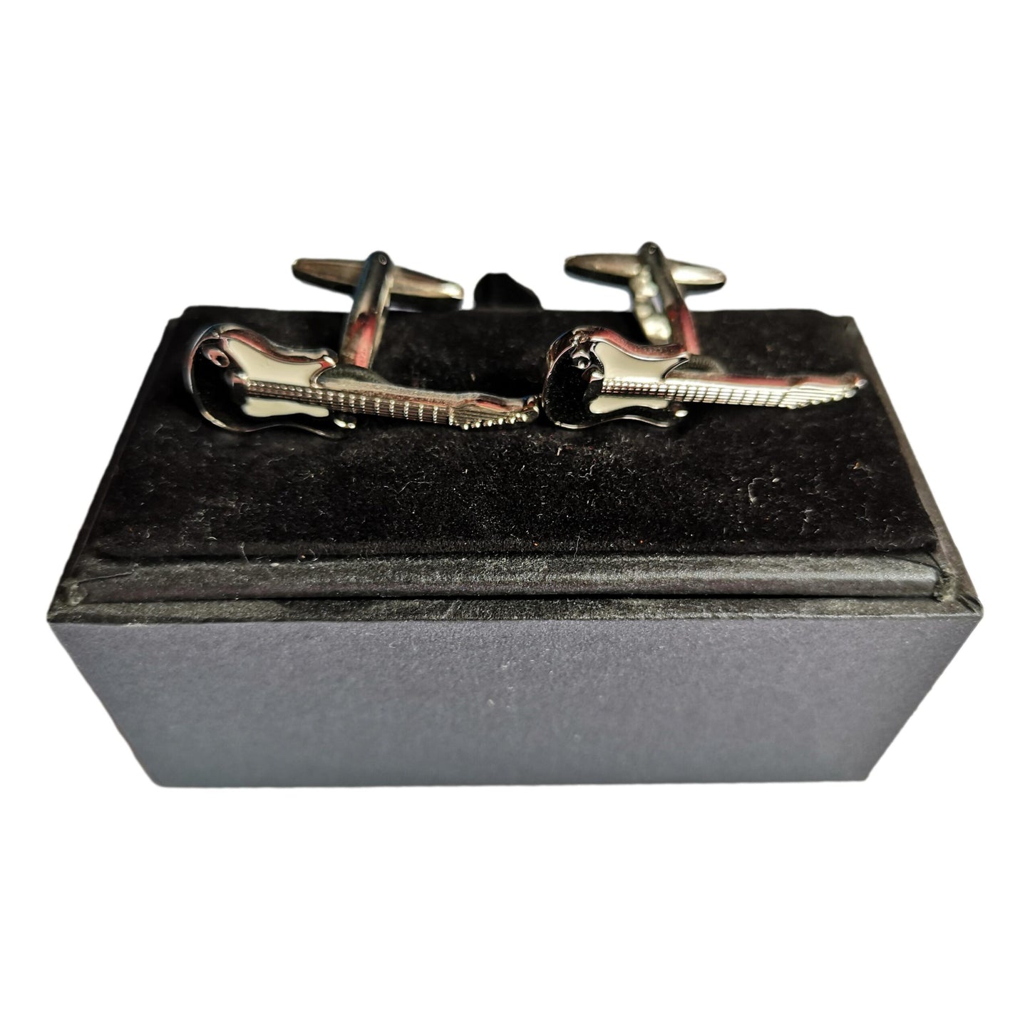 Electric Guitar black enamel silver-plated torpedo cufflinks in padded gift box image 1