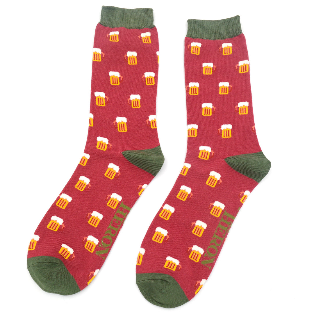 Beer Mugs on red Mens Novelty Ankle Socks Adult One Size image 0
