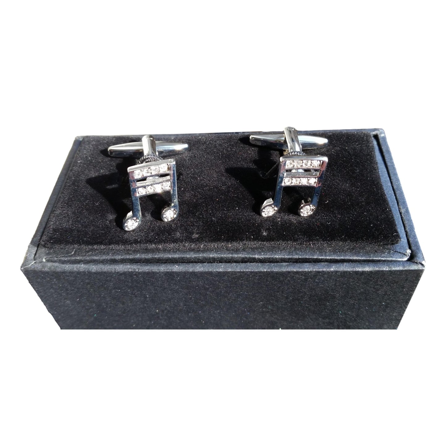 Semiquaver Music Notes diamante silver-plated torpedo cufflinks padded gift box image 0