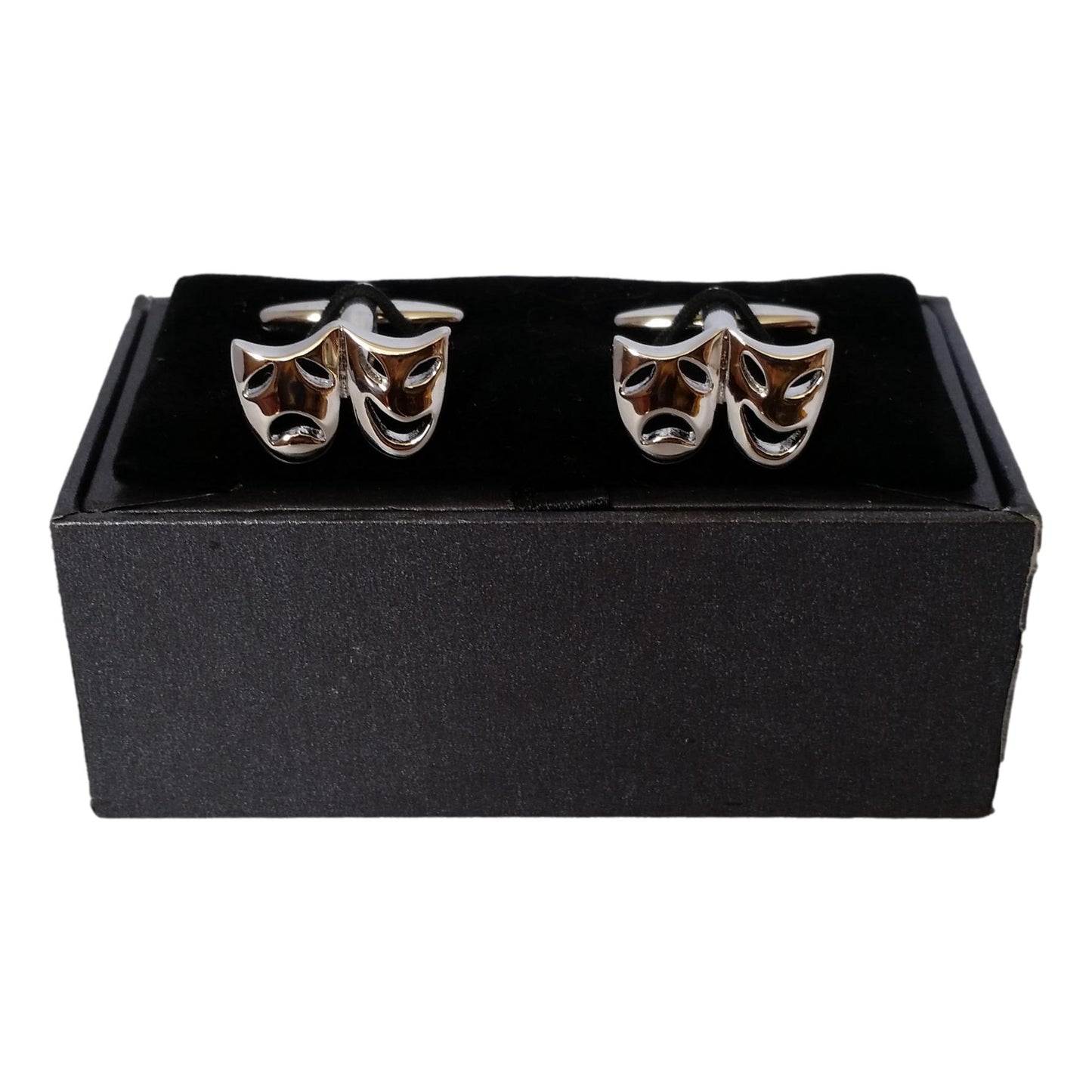 Theatre Masks pair silver-plated torpedo cufflinks in padded gift box image 1