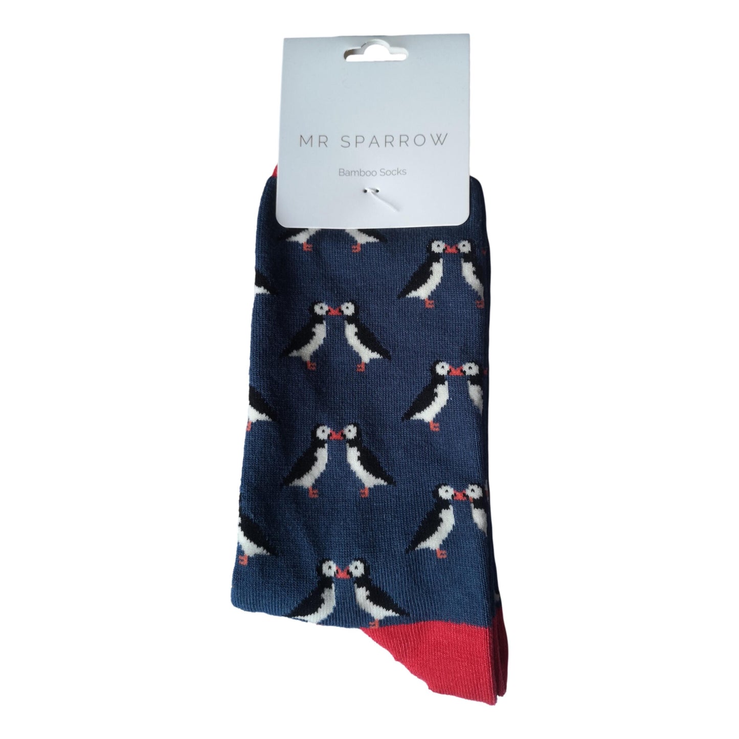 Kissing Puffins on Navy Blue Mens Novelty Ankle Socks Adult One Size image 1