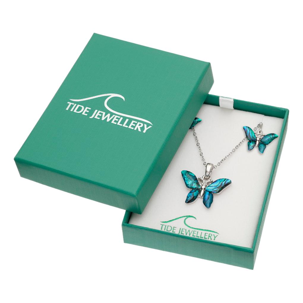 Blue/Green Butterfly Paua shell rhodium-plated pendant and earrings set image 4