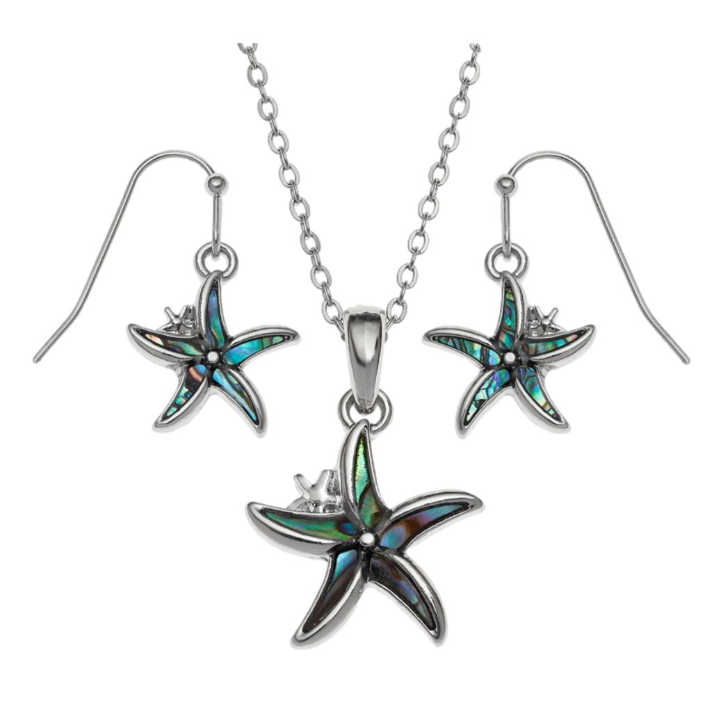 Blue/Green Starfish Paua shell rhodium-plated pendant and earrings set image 0