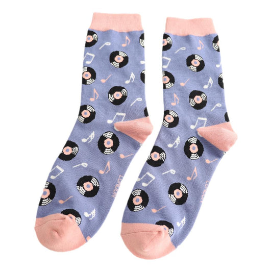 Vinyl Music Discs on Denim Blue Womens Novelty Ankle Socks Adult One Size image 0