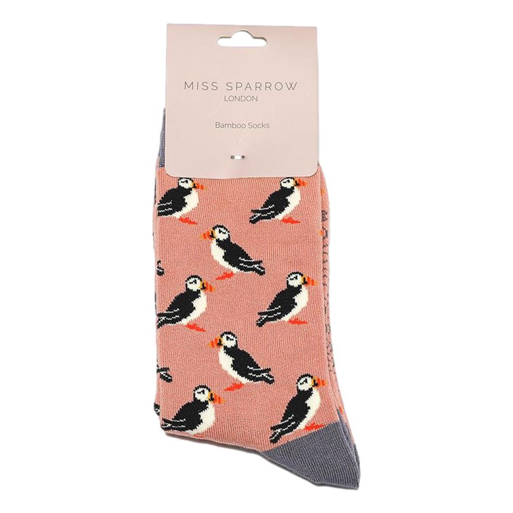 Puffins on Dusky Pink Ladies Novelty Ankle Socks Adult One Size image 1