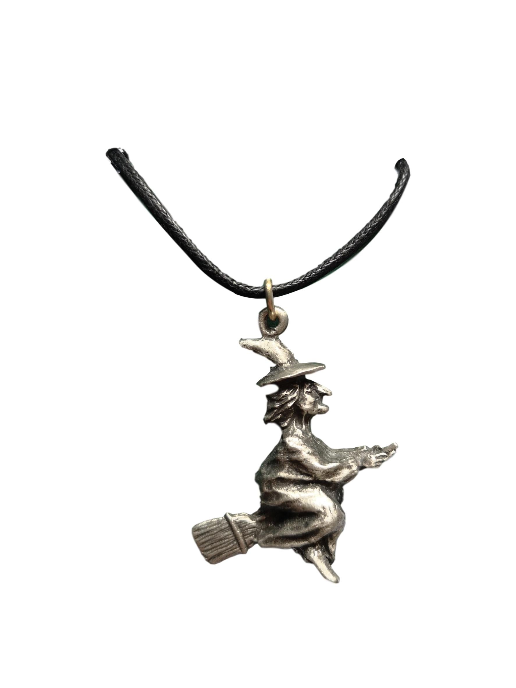 Witch on Broomstick pewter metal black cord pendant image 0