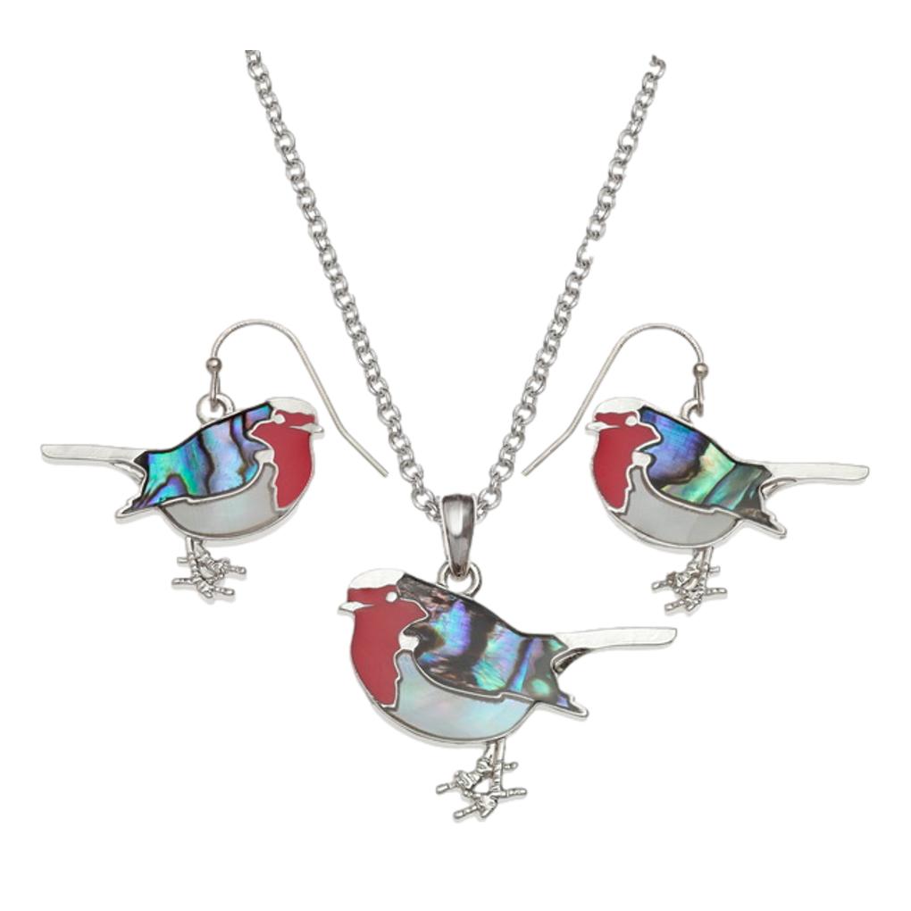 Red Robin Paua shell rhodium-plated pendant and earrings set image 0