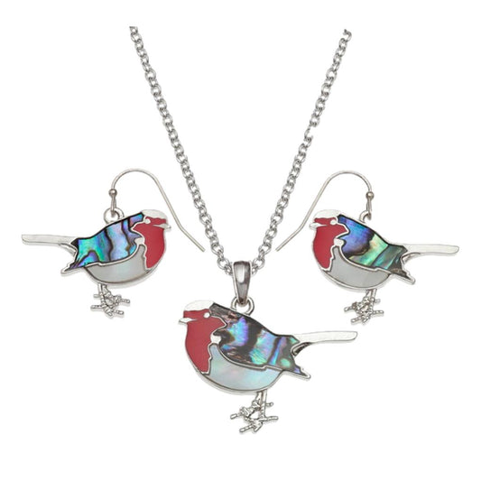 Red Robin Paua shell rhodium-plated pendant and earrings set image 0