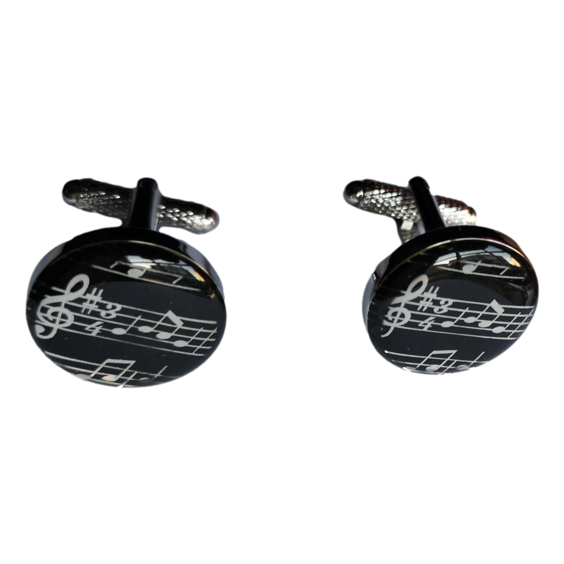 Black Encapsulated Round Music Stave silver-plated torpedo cufflinks in padded gift box image 0