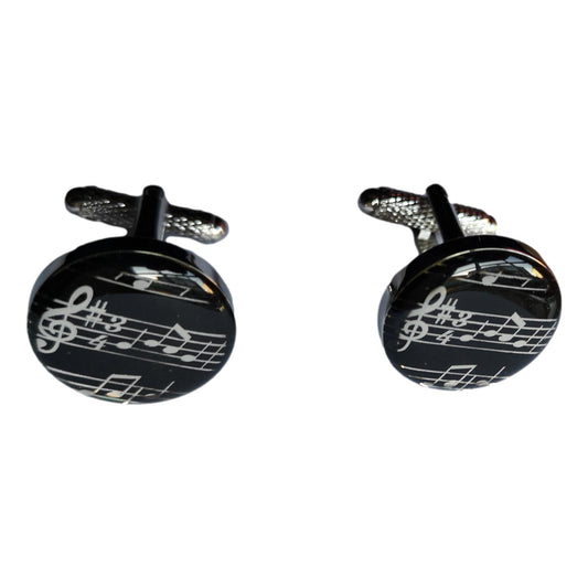Black Encapsulated Round Music Stave silver-plated torpedo cufflinks in padded gift box image 0