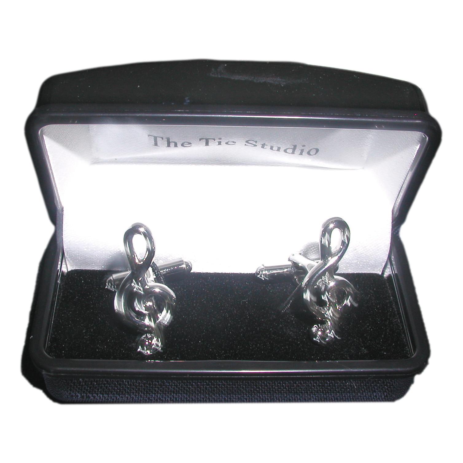 Treble Clef Music silver-plated torpedo cufflinks in padded gift box image 0