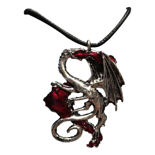 Fire Breathing Dragon enameled pewter metal black cord pendant image 0
