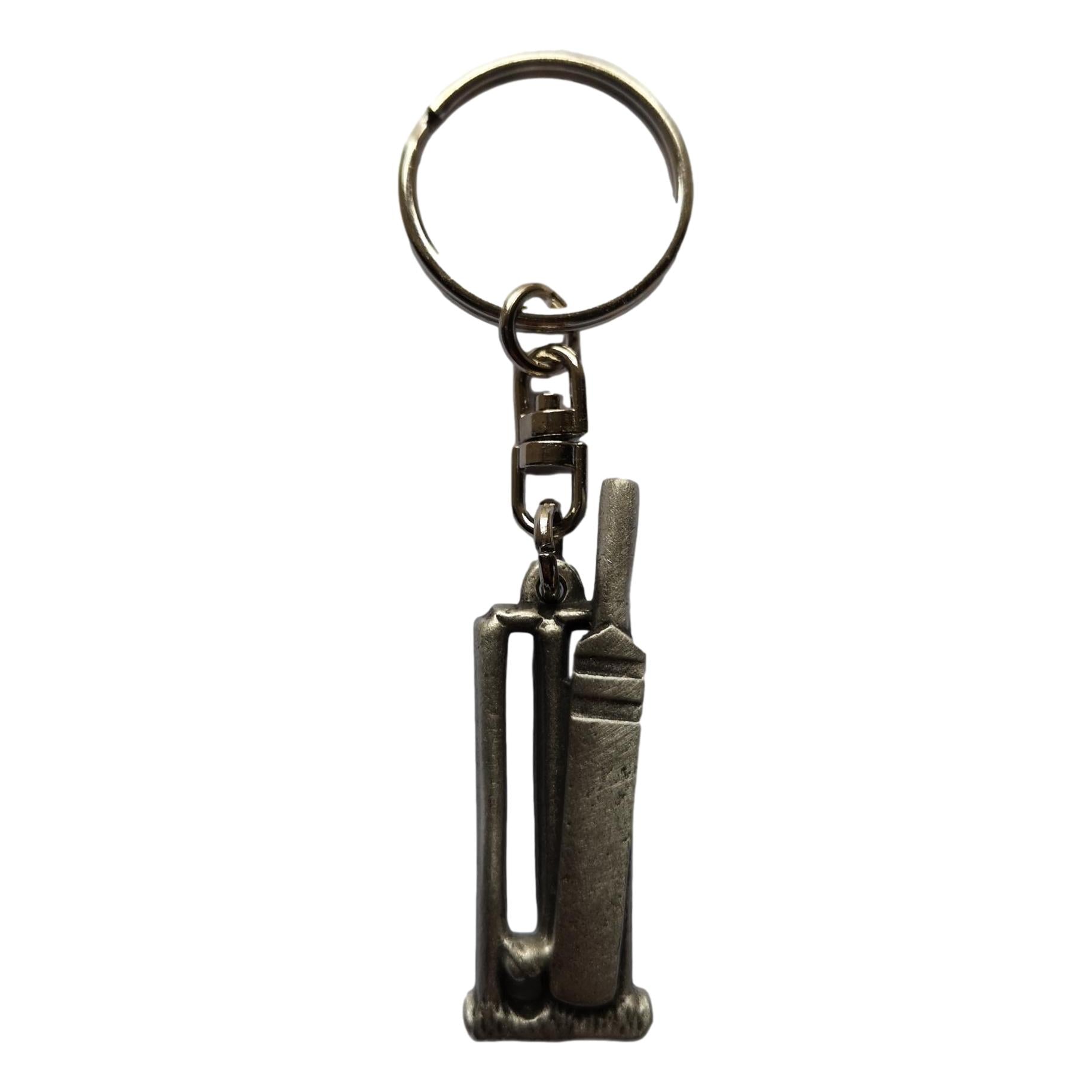 Cricket bat, ball and stumps pewter metal keyring image 0