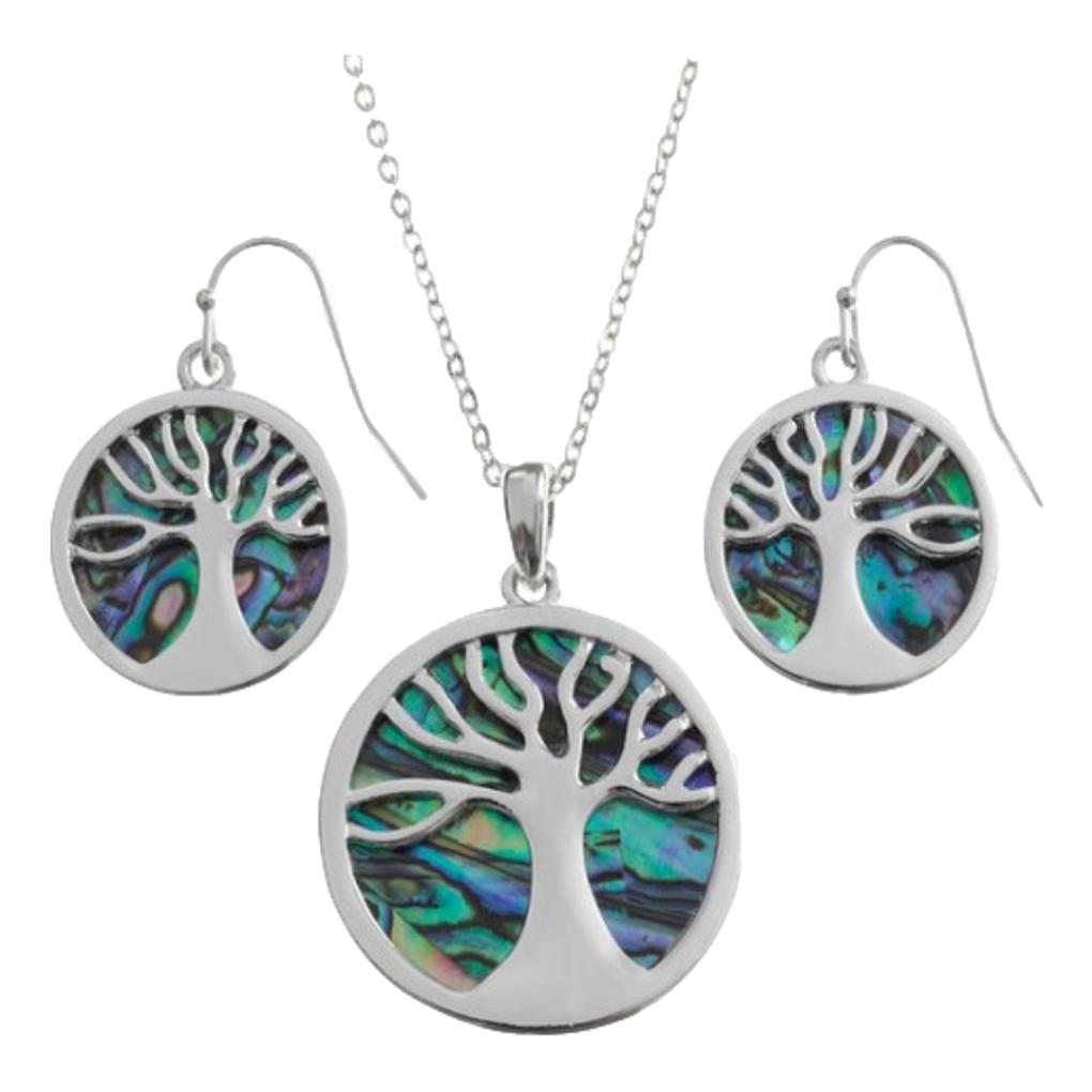 Tree of Life Paua shell rhodium-plated pendant and earrings set image 0