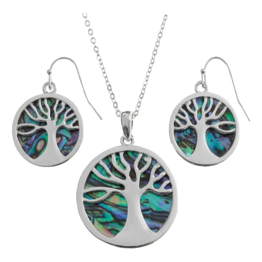 Tree of Life Paua shell rhodium-plated pendant and earrings set image 0