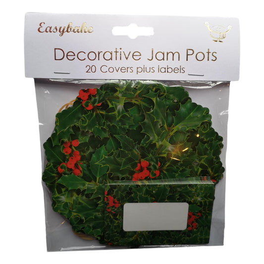 20 Christmas Holly Jam Pot Covers, Wax Discs, Rubber Bands and Self-Adhesive Labels image 0