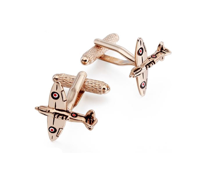 Spitfire Fighter Plane rose gold-plated torpedo cufflinks in padded gift box image 0