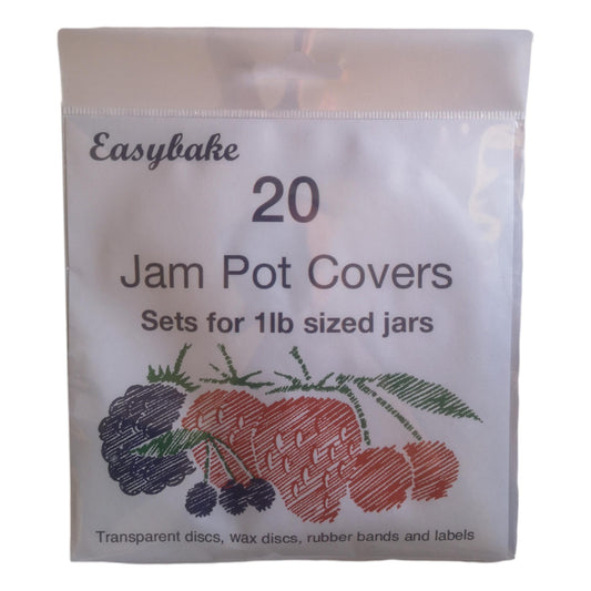 20 Transparent 1lb Jam Pot Covers, Wax Discs, Rubber Bands and Self-Adhesive Labels image 0