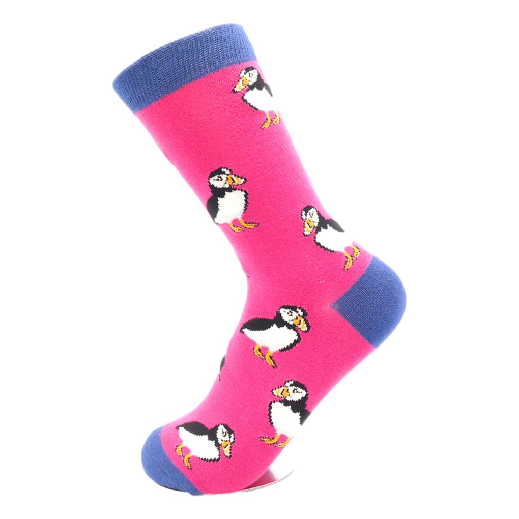 Cute Puffins on Fuchsia Pink Womens Novelty Ankle Socks Adult One Size image 2