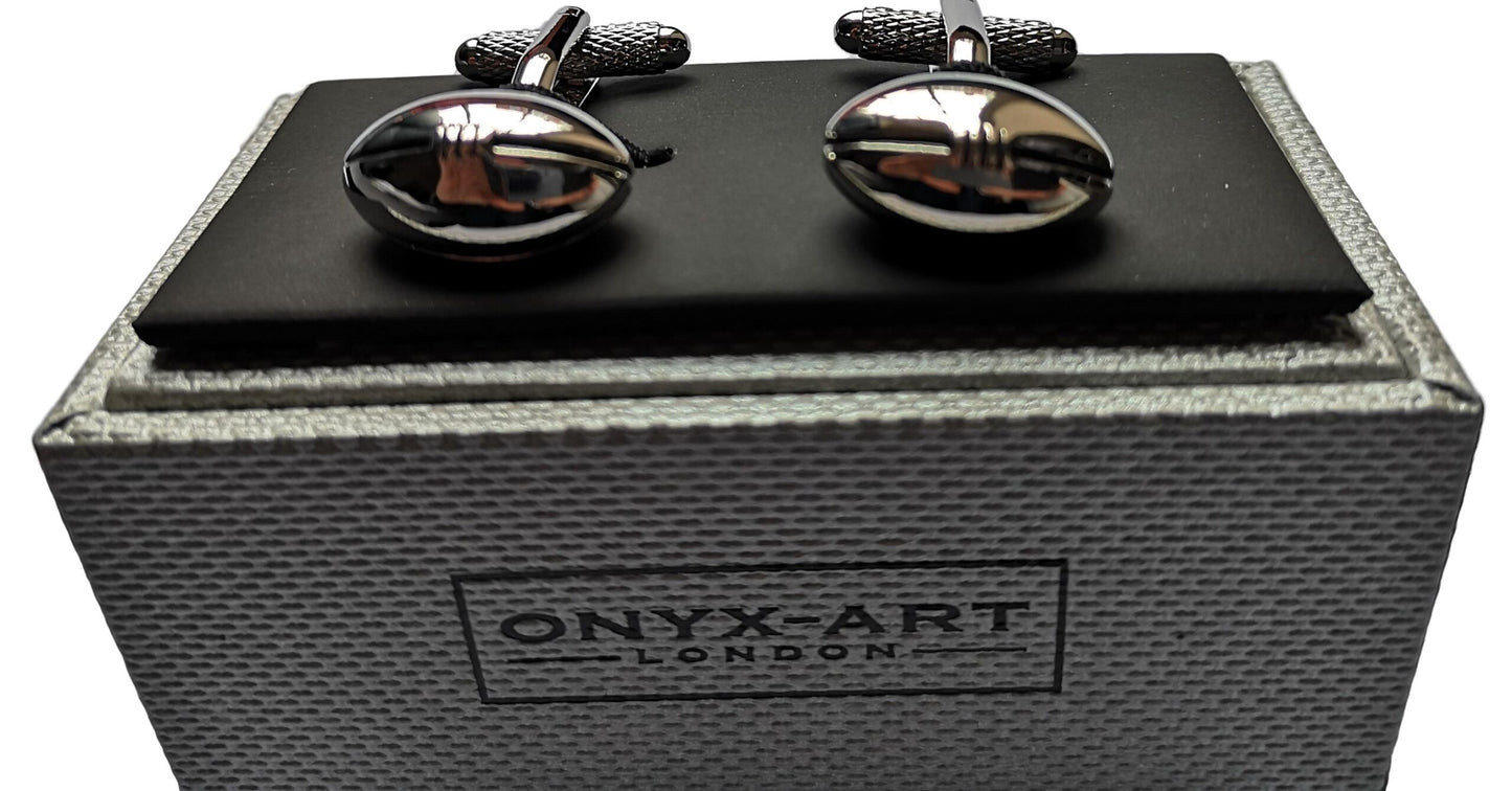 Rugby Ball silver-plated torpedo cufflinks in padded gift box image 1
