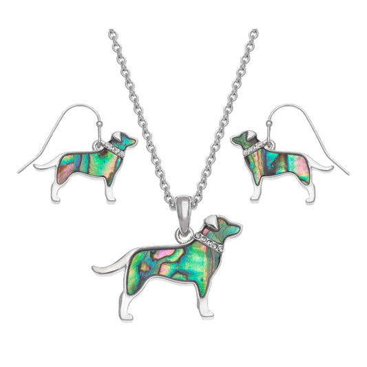 Blue/Green Labrador Paua shell rhodium-plated pendant and earrings set image 0