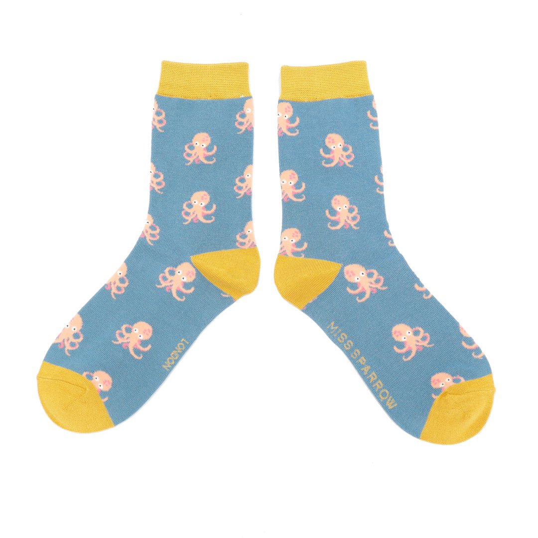 Little Octopus on Denim Blue Womens Novelty Ankle Socks Adult One Size image 0