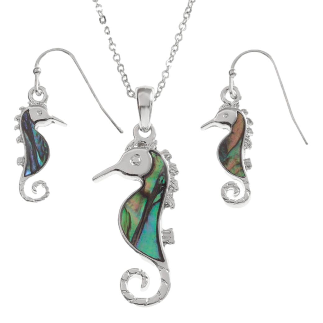 Blue/Green Seahorse Paua shell rhodium-plated pendant and earrings set image 0