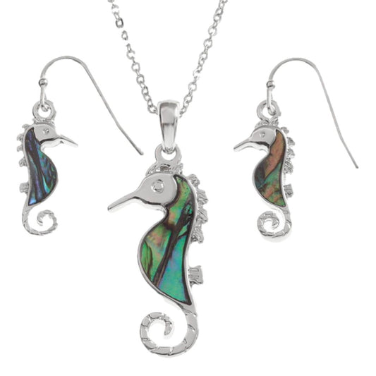 Blue/Green Seahorse Paua shell rhodium-plated pendant and earrings set image 0