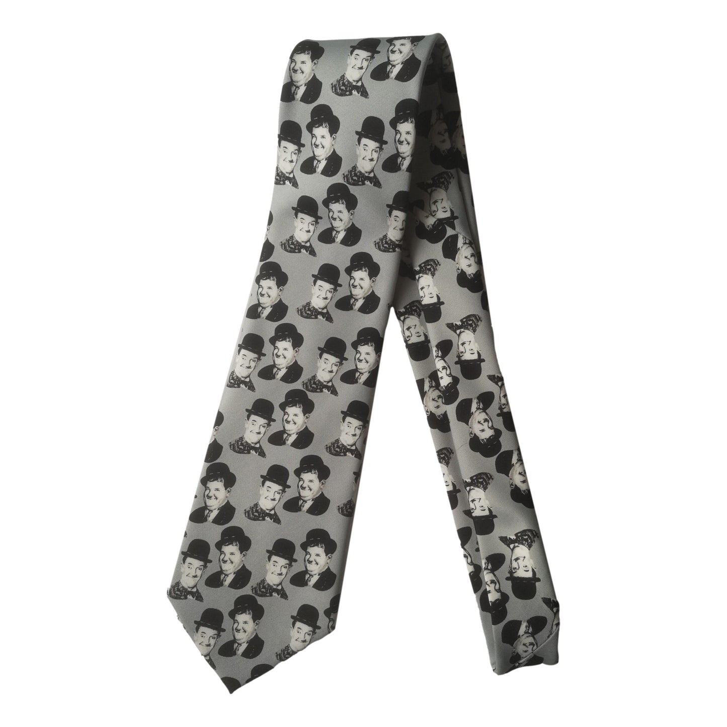 Laurel and Hardy Smiling Faces Sleeved Grey 100% Polyester Classic Tie image 0