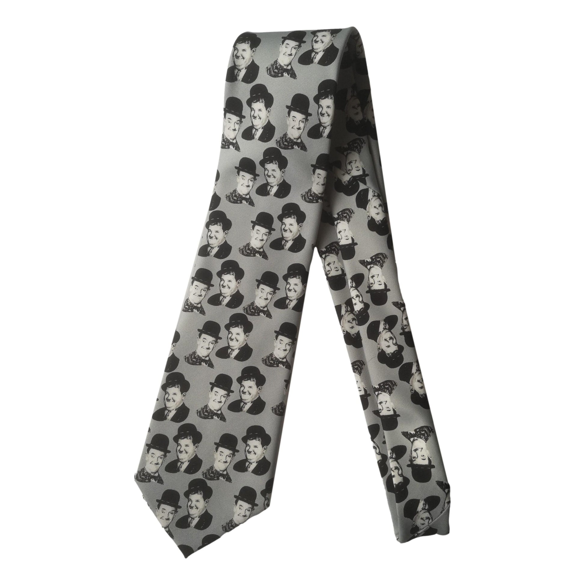 Laurel and Hardy Smiling Faces Sleeved Grey 100% Polyester Classic Tie image 0