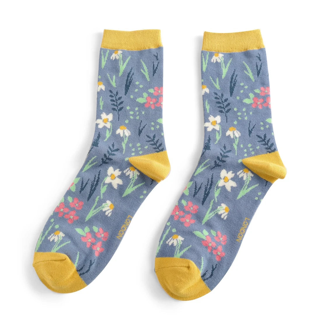 Meadow Flowers on Denim Blue Womens Novelty Ankle Socks Adult One Size image 0