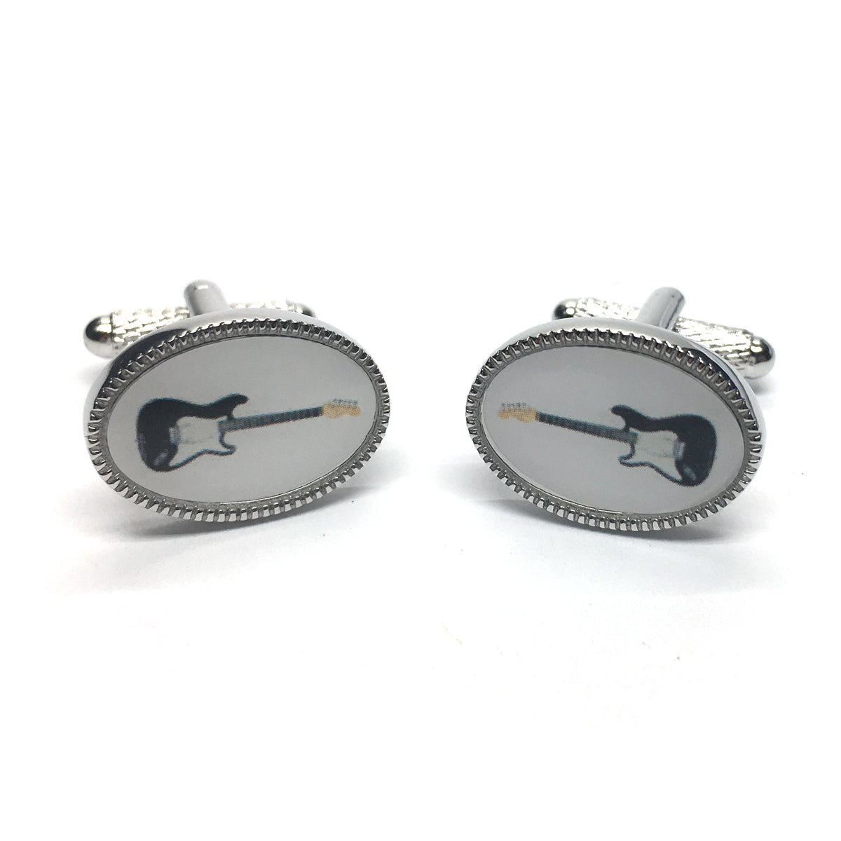 Enamelled Electric Guitar oval silver-plated torpedo cufflinks in padded gift box image 0