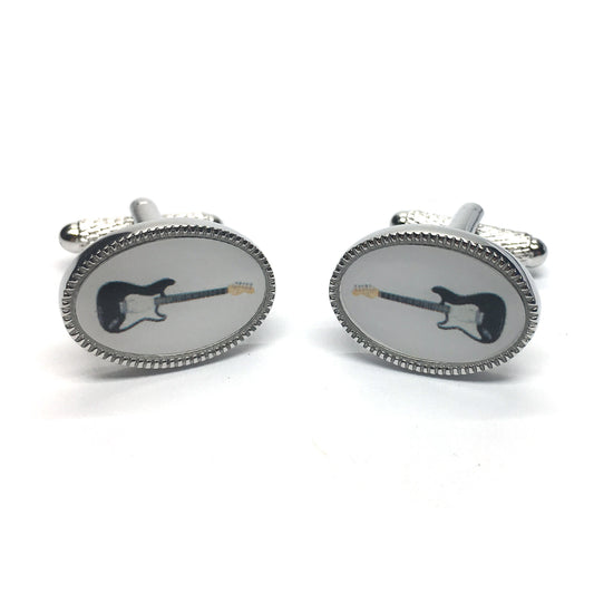 Enamelled Electric Guitar oval silver-plated torpedo cufflinks in padded gift box image 0