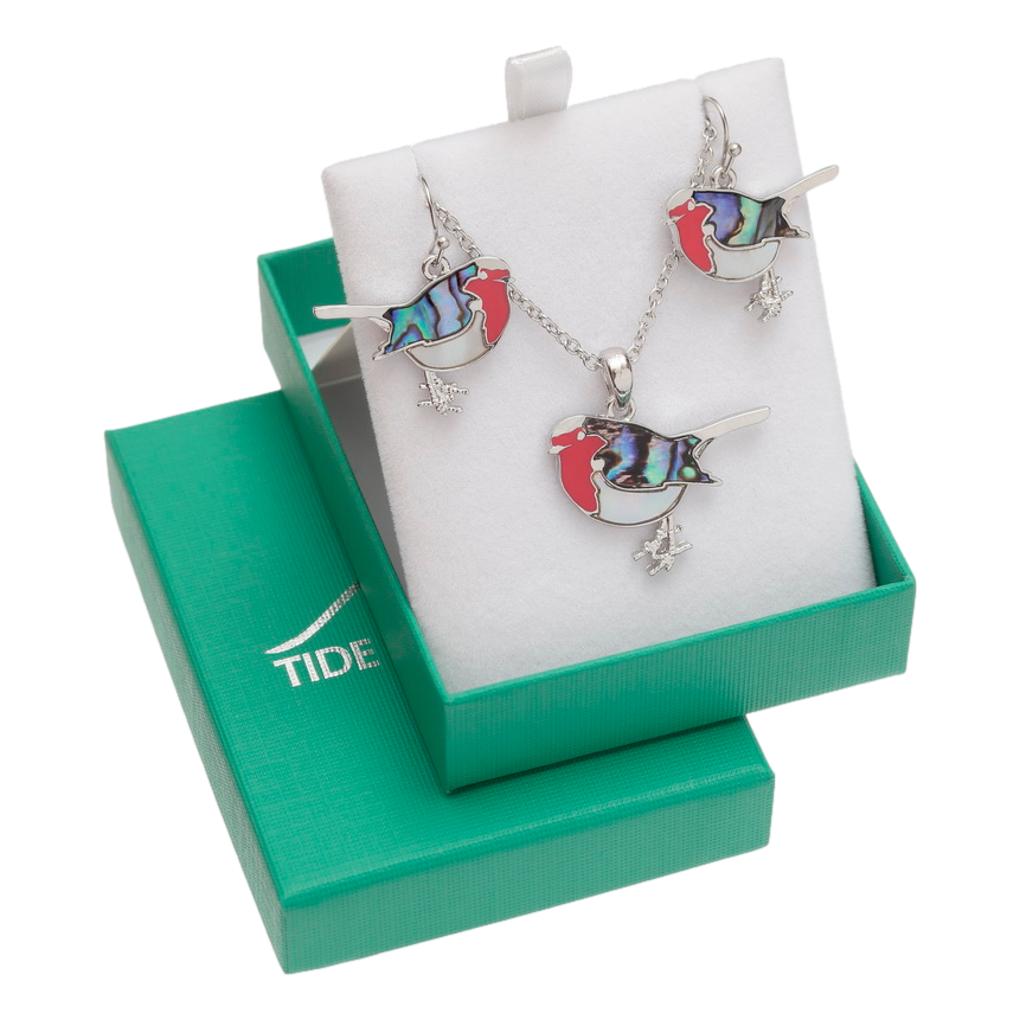 Red Robin Paua shell rhodium-plated pendant and earrings set image 4