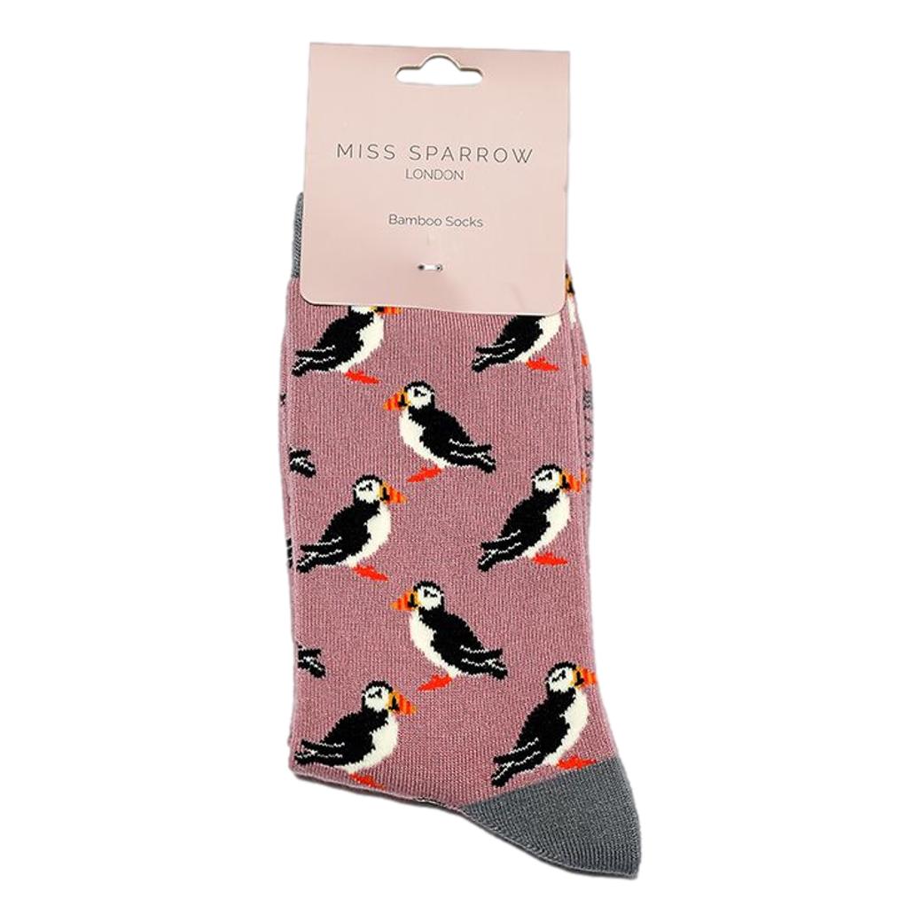 Puffins on Mauve Ladies Novelty Ankle Socks Adult One Size image 1